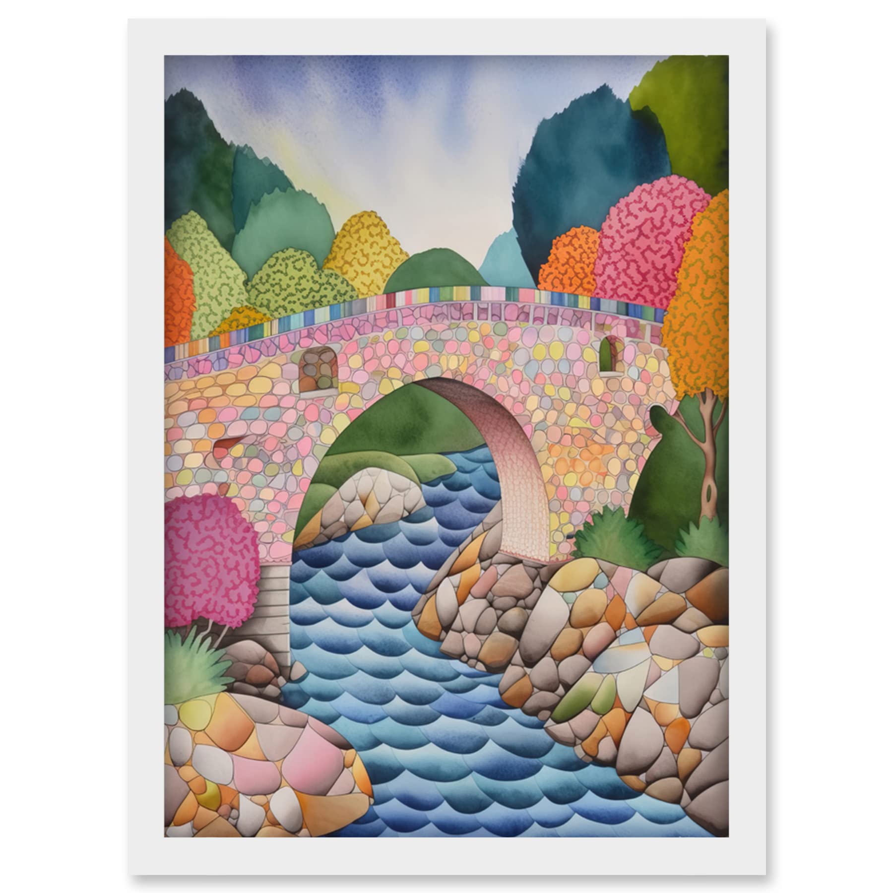 Artery8 Modern Folk Art Countryside Bridge Artwork Framed Wall Art Print A4
