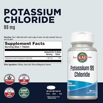 KAL Potassium 99 Chloride, 99 mg Potassium Chloride Supplement, 100 Tablets | Pills, Electrolytes Tablets for Overall Health for Women and Men