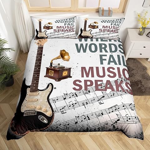 jejeloiu Guitar Print Duvet Cover Queen Size Musical Note Comforter Cover for Boys Girls Music Themed Bedding Set 3Pcs Luxury Room Decor