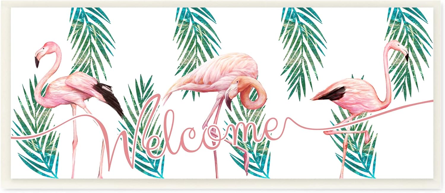 当店だけの限定モデル Stupell Industries ウェルカム グリーティング ピンクフラミンゴ トリオトロピカル パーム フロー ウォール