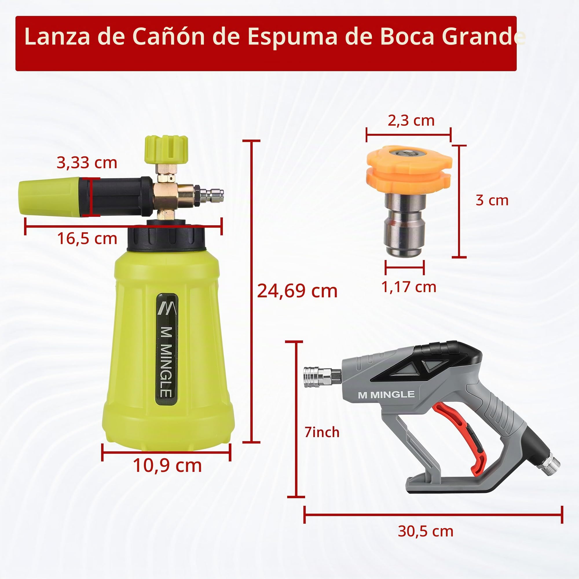 M MINGLE Pistola de lavado de espuma de nieve de alta presión, lavadora eléctrica de cañón de espuma de 4000 PSI con acoplamiento rápido de 1/4", con 5 puntas de boquilla de lavado a presión (1) litro
