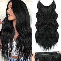 Vista 13 de Extensiones de cabello tipo aureola de 20 pulgadas, alambre invisible, ajustable, cabello largo ondulado, mejora sintética, 4 clips de seguridad