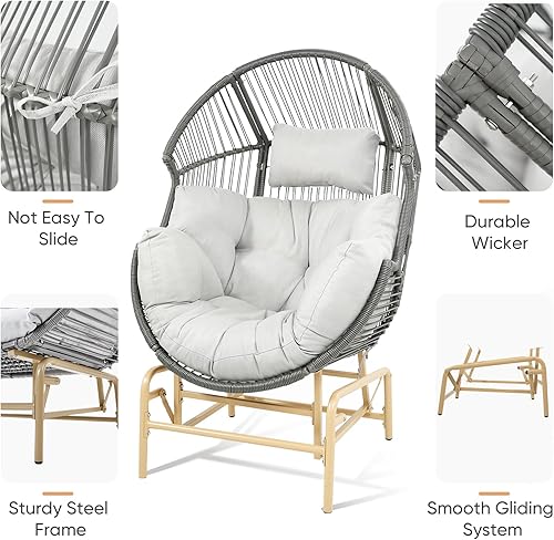 Miniatura 5 de Sillas de patio al aire libre, silla mecedora de mimbre, sillas mecedoras de ratán con cojín y almohada para porche, terraza, jardín (grisgris)