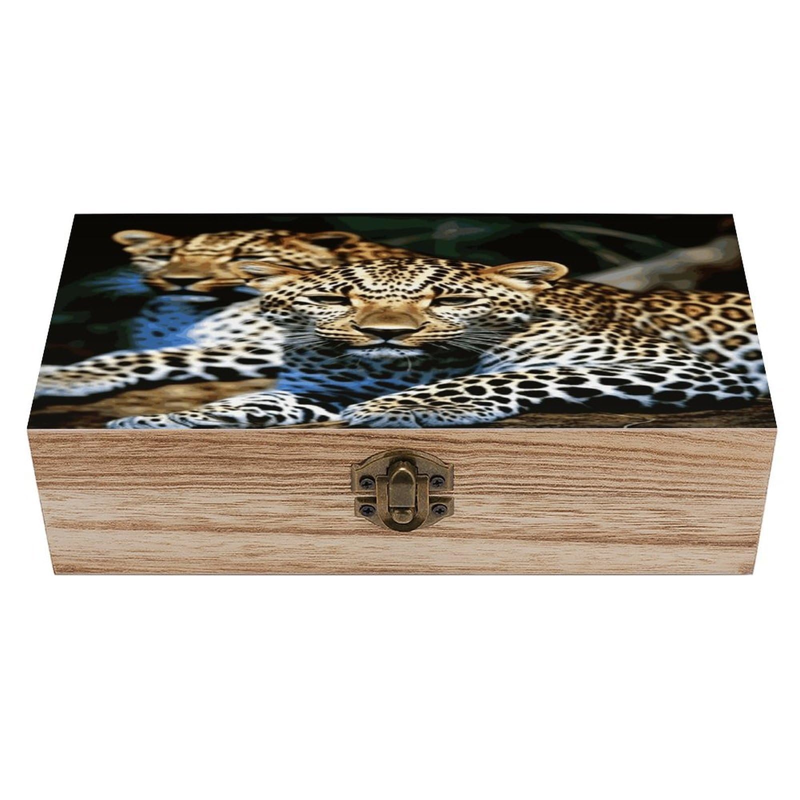 JTREHY Leopard Wooden Keepsake Box Vintage-Style Wood Keepsake Case with Hinged Lid Solid Wood Boxes Beautifully Memory Treasure Case Vintage-Style Wooden Storage Box
