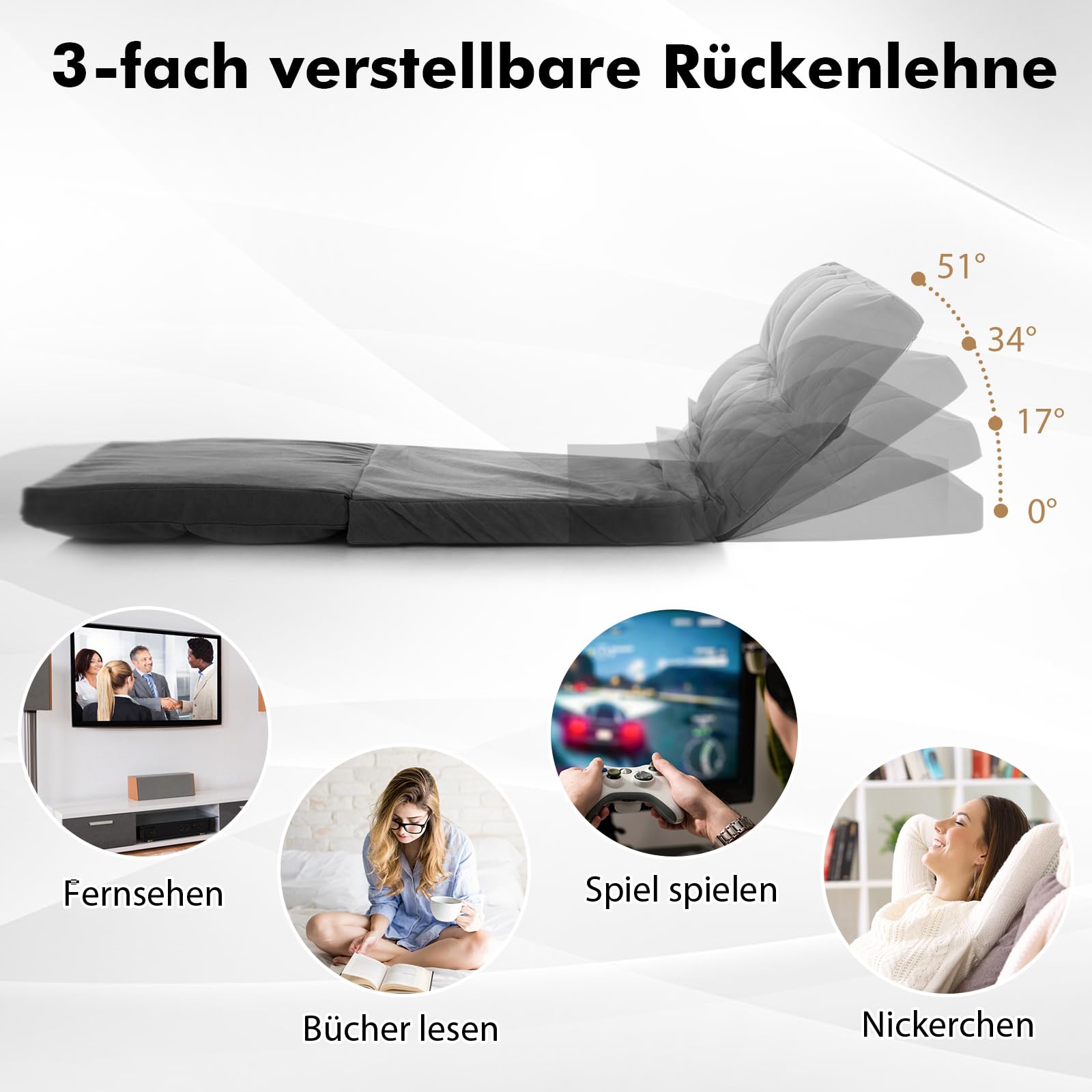 COSTWAY Klappbares Bodensofa, 3 in 1 Schlafsofa mit Schlaffunktion und Verstellbarer Rückenlehne, Sofabett mit 2 Kissen, Klappsofa für Wohnzimmer und Schlafzimmer (Dunkelgrau)