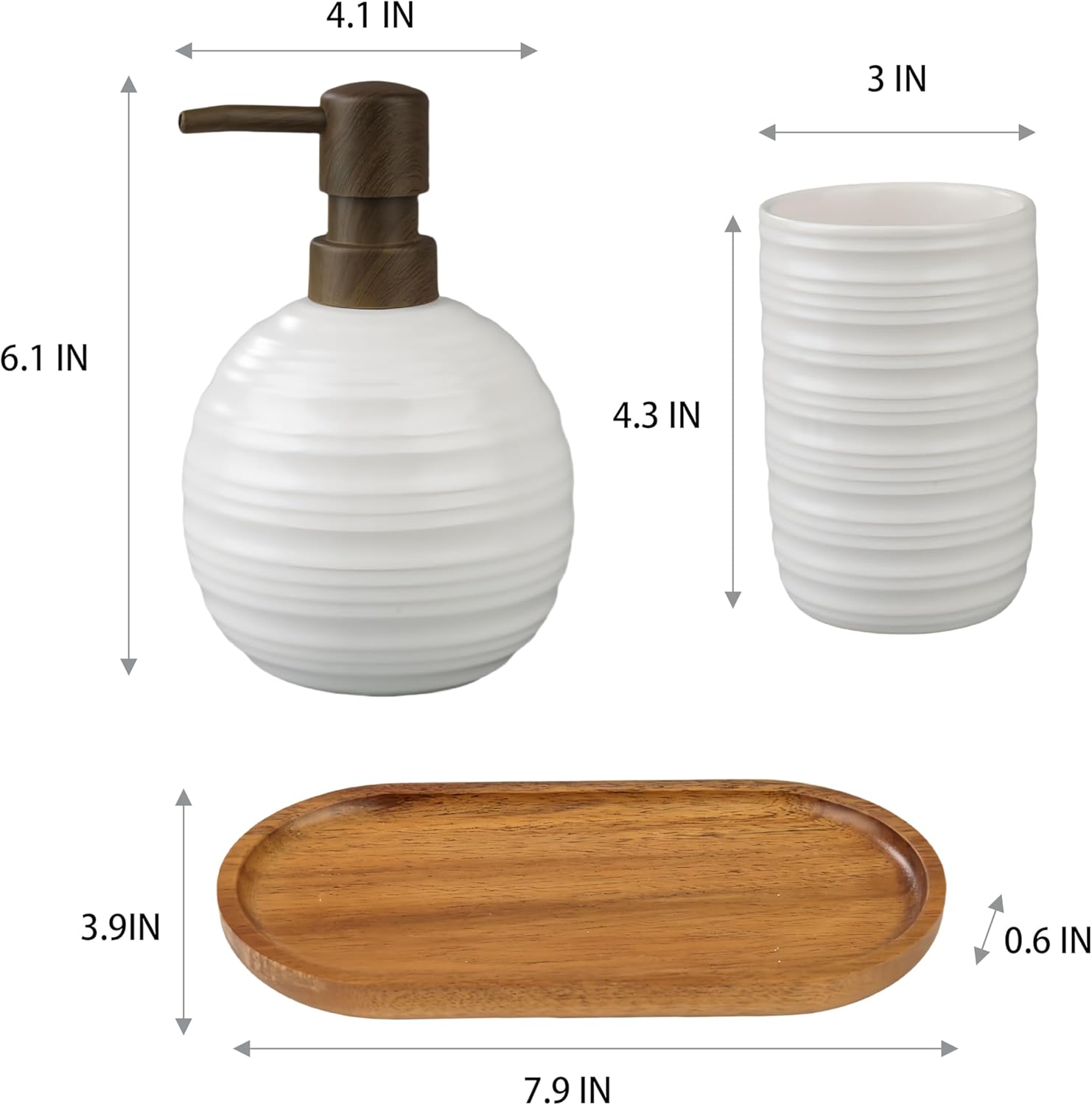 Bathroom Counter Set-Elegant Acacia Wood Tray - Black Toothbrush Holder Set with Soap Dispenser - Toothbrush Holder and Soap Set，3pcs Ceramics Bathroom Accessory Set（White）