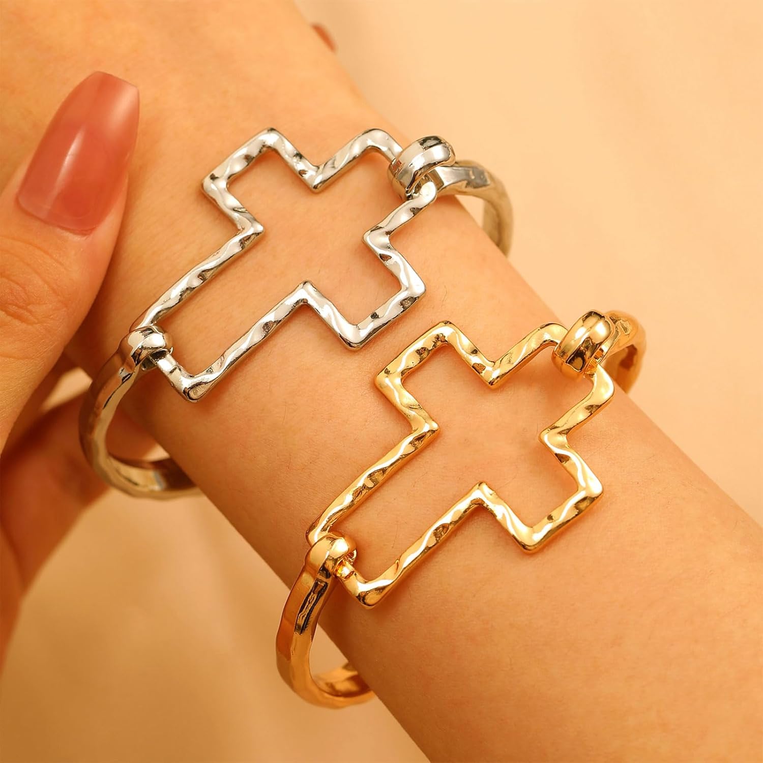 Chunky Gold Cross Bracelet for Women Silver Hadnmade Big Cross Bangle Bracelet Jewelry Gift for Women - Image 4