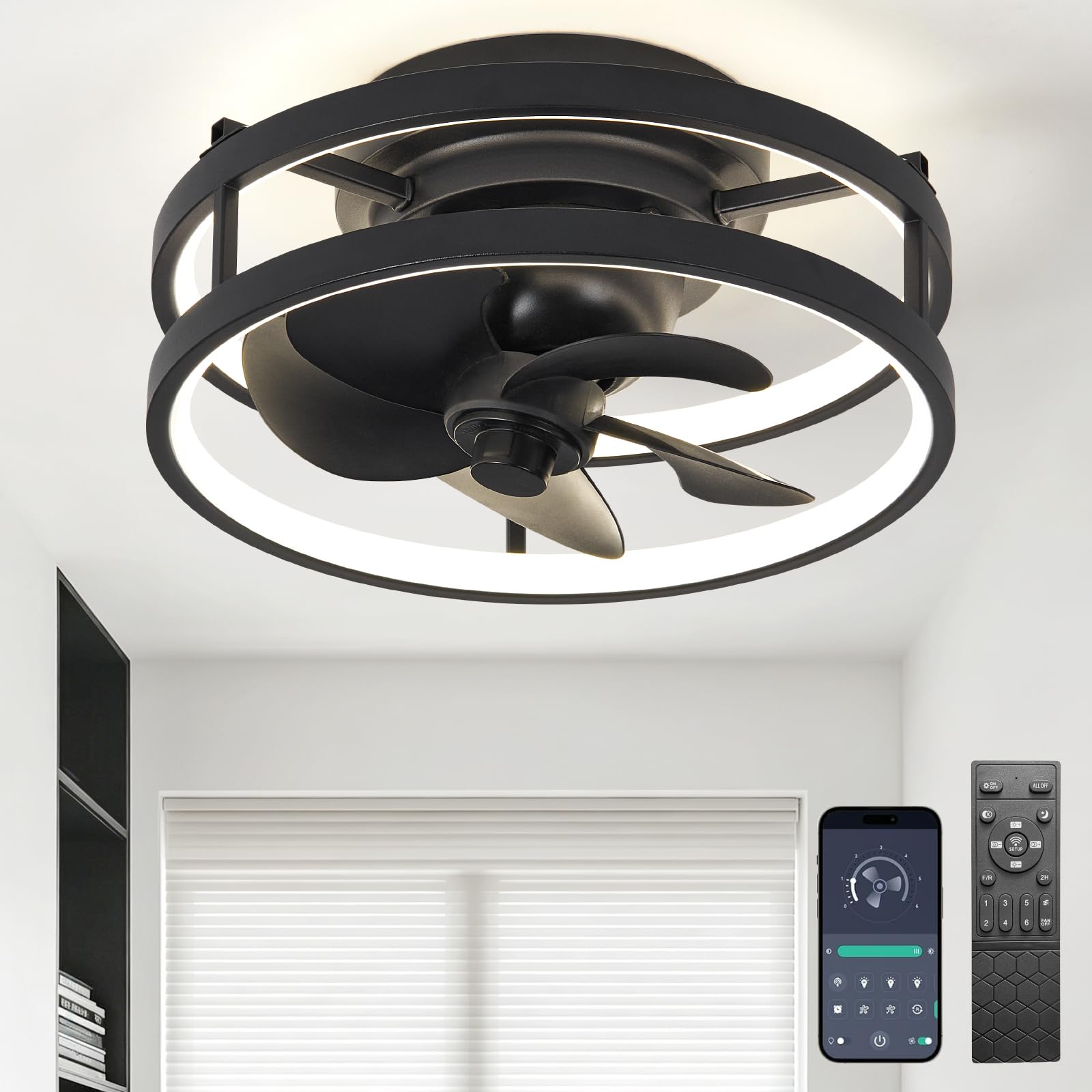 Photo 1 of Zoruny 13 Inch Small Ceiling Fan with Light and Remote, Low Profile Flush Mount Fandelier, Dimmable 3CCT Quiet LED Ceiling Fans for Bedroom Black Rotatable