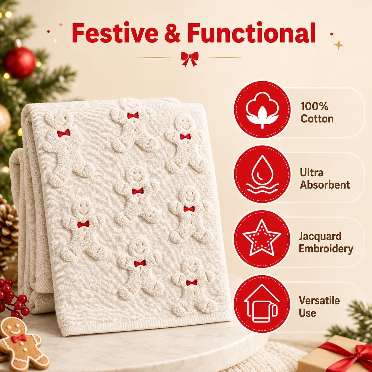 2Pcs Christmas Hand Towels for Bathroom 100% Cotton Brown Gingerbread Jacquard Embroidered Bathroom Bath Towels Kitchen Dish Towels Decor Holiday Winter Gift(Beige Gingerbread)