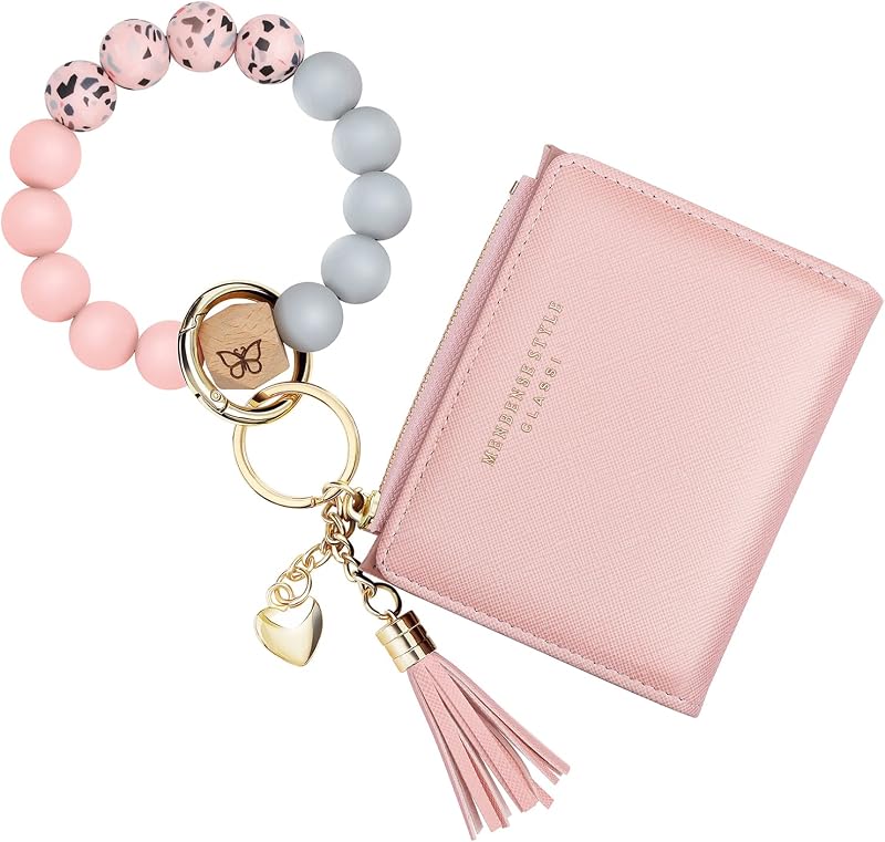 Keychain Bracelet Wristlet with Wallet Card Holder Pocket,Tassel Keychain Bangle Key Ring for Women