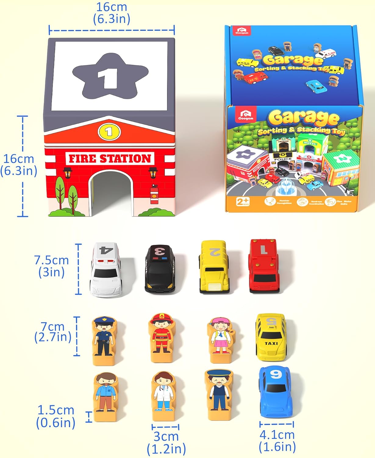 Coogam Montessori Sorting & Stacking Blocks with Nesting Garages Cars, Stackable Number Boxes for Toddlers Learning Community Helpers, Preschool Educational Toy Gift for 2 3 4 Year Old Baby