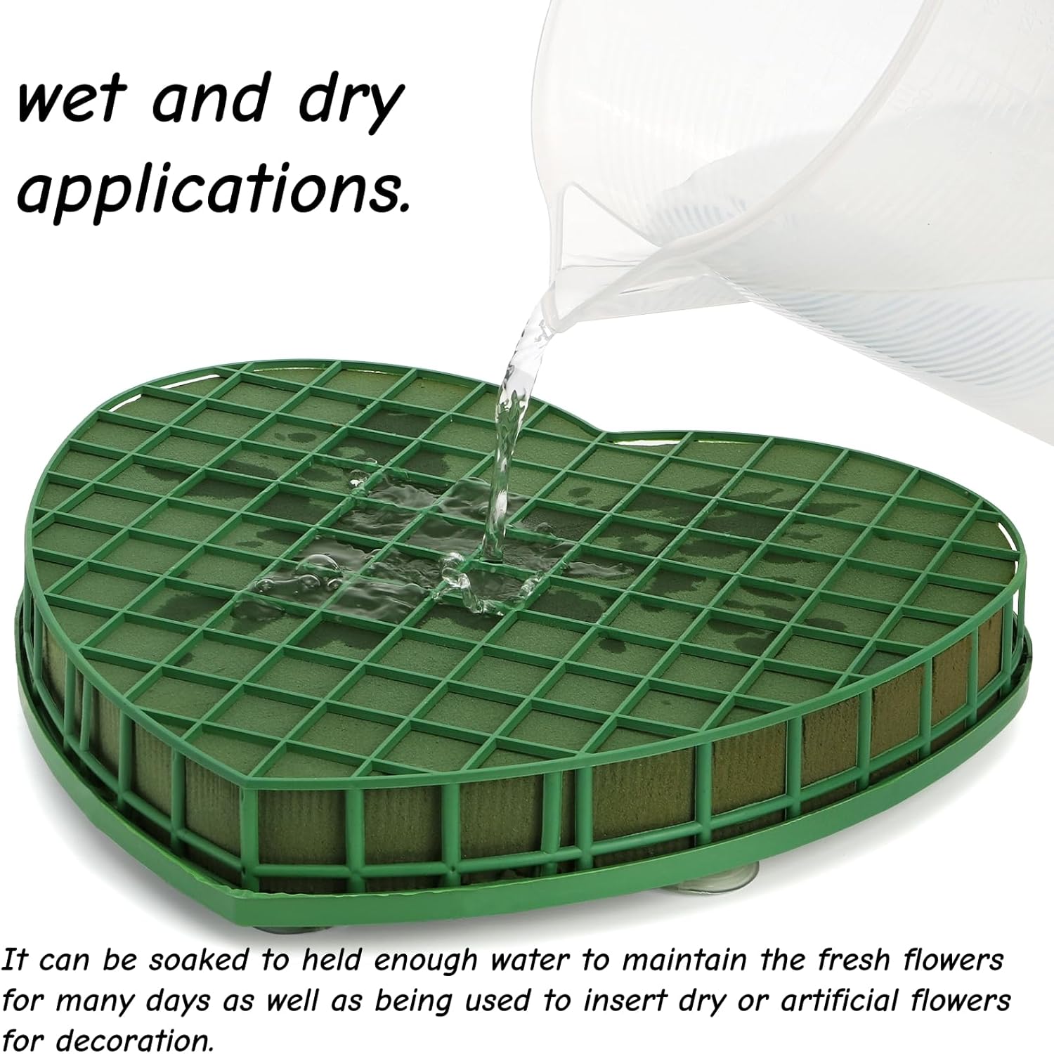 Goaste 4 Pack Heart-Shaped Floral Foams, Large Green Florist Foam with Suction Cup Tray, Wet Flower Mud Blocks, Green Florist Sponge Bricks for Wedding Car Decoration, DIY Flower Arrangement