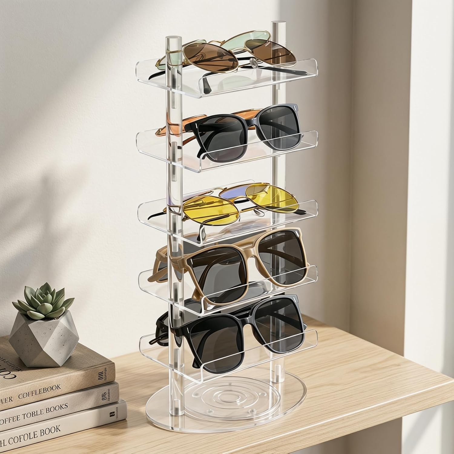 Pumtus 5 Tier Rotating Eyeglass Holder Stand, 10 Slot Acrylic Sunglasses Storage Riser, Clear Eyewear Glasses Organizer, Compact Tabletop Display Rack for Glasses Shop, Home Collection