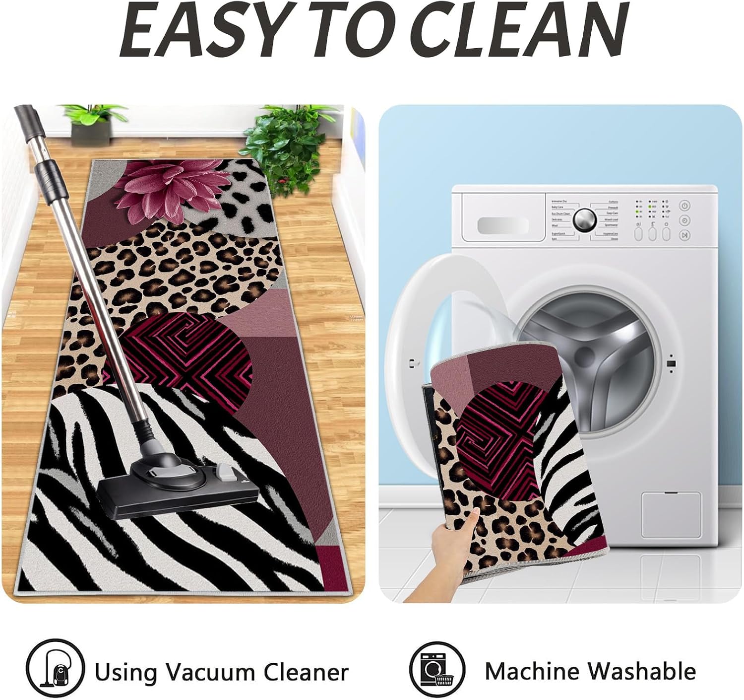 Country Animal Patchwork Kitchen Rugs Non-Slip Washable 2 Piece, Leopard Print Zebra Print Low Pile Stain-Resistant Floor Mats Set For Kitchen, Soft Small Decorative Rugs, Burgundy, 17"X30"+17"X59"