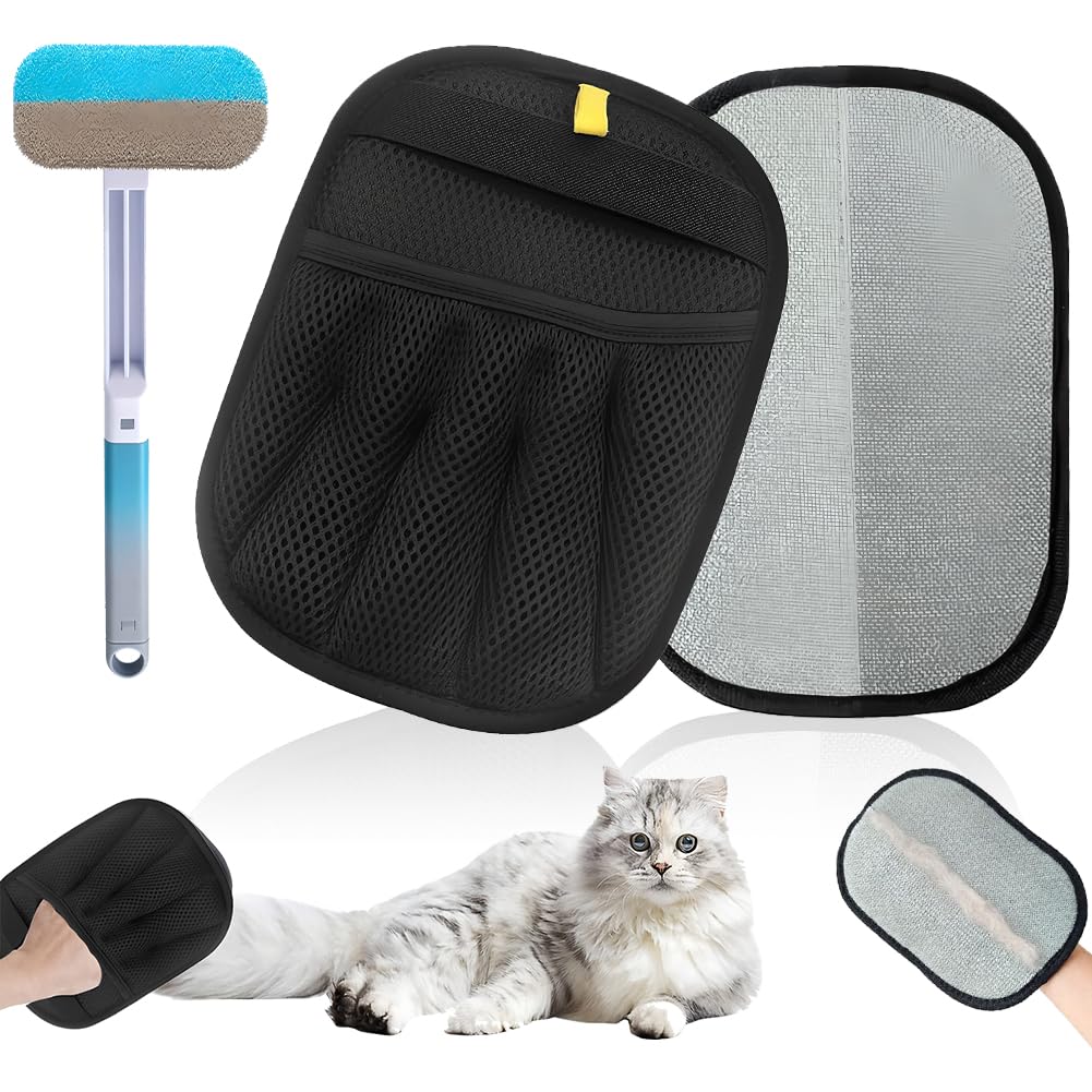 EduPlayte Pet Hair Remover Gloves for Dogs and Cats, Upgraded 2PCS Double-Sided Pet Hair Removal Gloves, Electrostatic Fur Removal Tool for Clothes, Sofa, Carpet & Car Seats(3pcs)