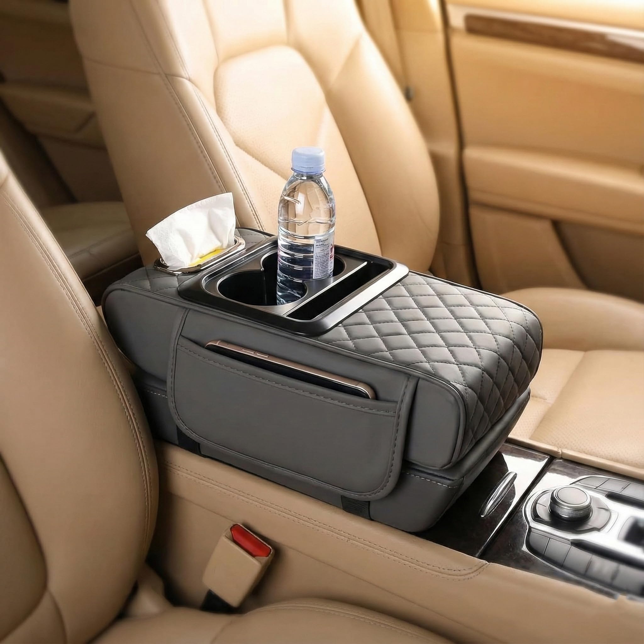 5 in 1 Car Armrest Console Cushion Car Armrest Box Height Cushion Multifunctional PU Leather Cars Box Mat Memory Universal Console Cushions (Gray,A)