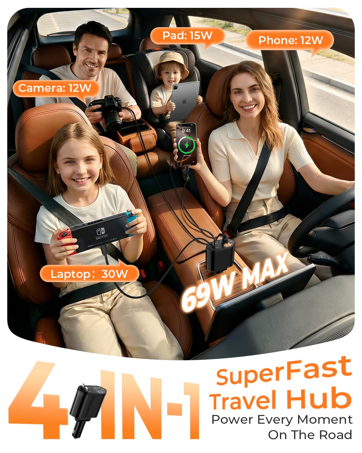 2026 MimAuto 4 in 1 Retractable Car Charger, Car Charger USB C Fast Charger, Car Phone Charger for iPhone 17/16/15/14/13, Samsungs, Tablets, Dash cams. Black Car Accessories for Men Women - 3