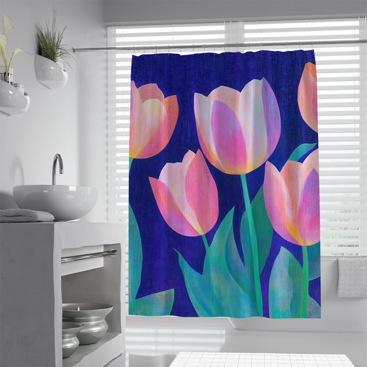 UIRINGART Luxury Abstract Tulip Shower Curtain W200xL200cm Pink Orange Floral Dark Blue Background Anti Mould Water Repellent Bath Curtains With Hooks