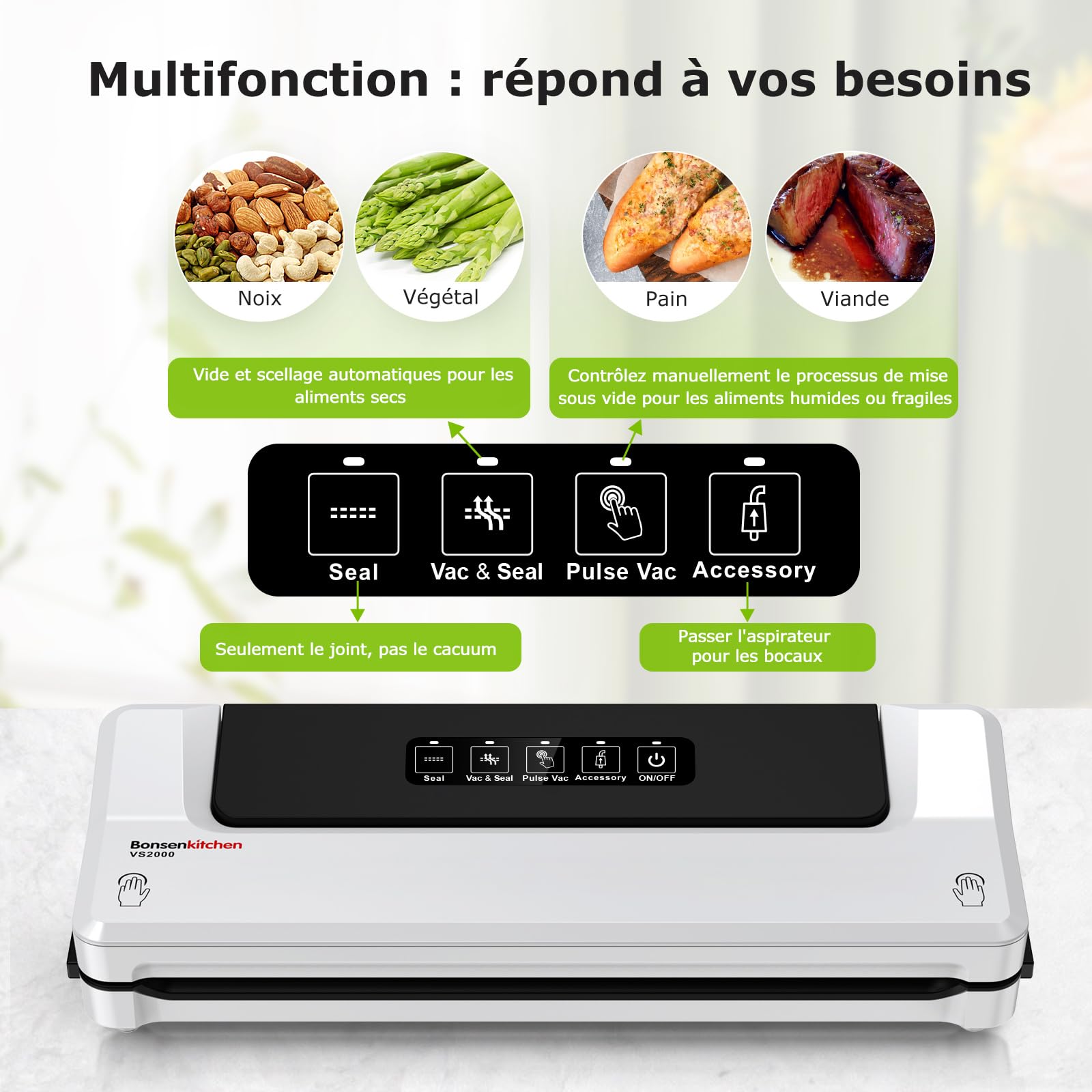 Bonsenkitchen Kit d'aspiration professionnel blanc Aspirateur à vide continu haute vitesse + 6 rouleaux de film sous vide sans BPA, incl. 5 sachets de démarrage et tuyau