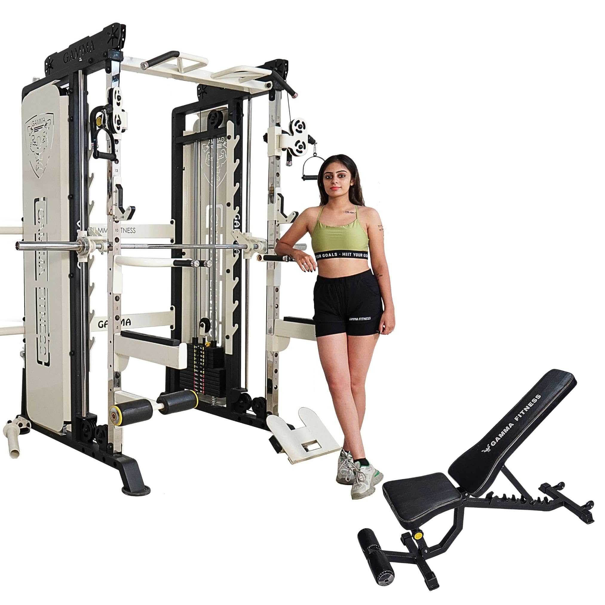 gamma fitness combo of functional trainer with smith machine fts-701 luxury (with ab-201 adjustable bench) | complete home gym setup ftp-908