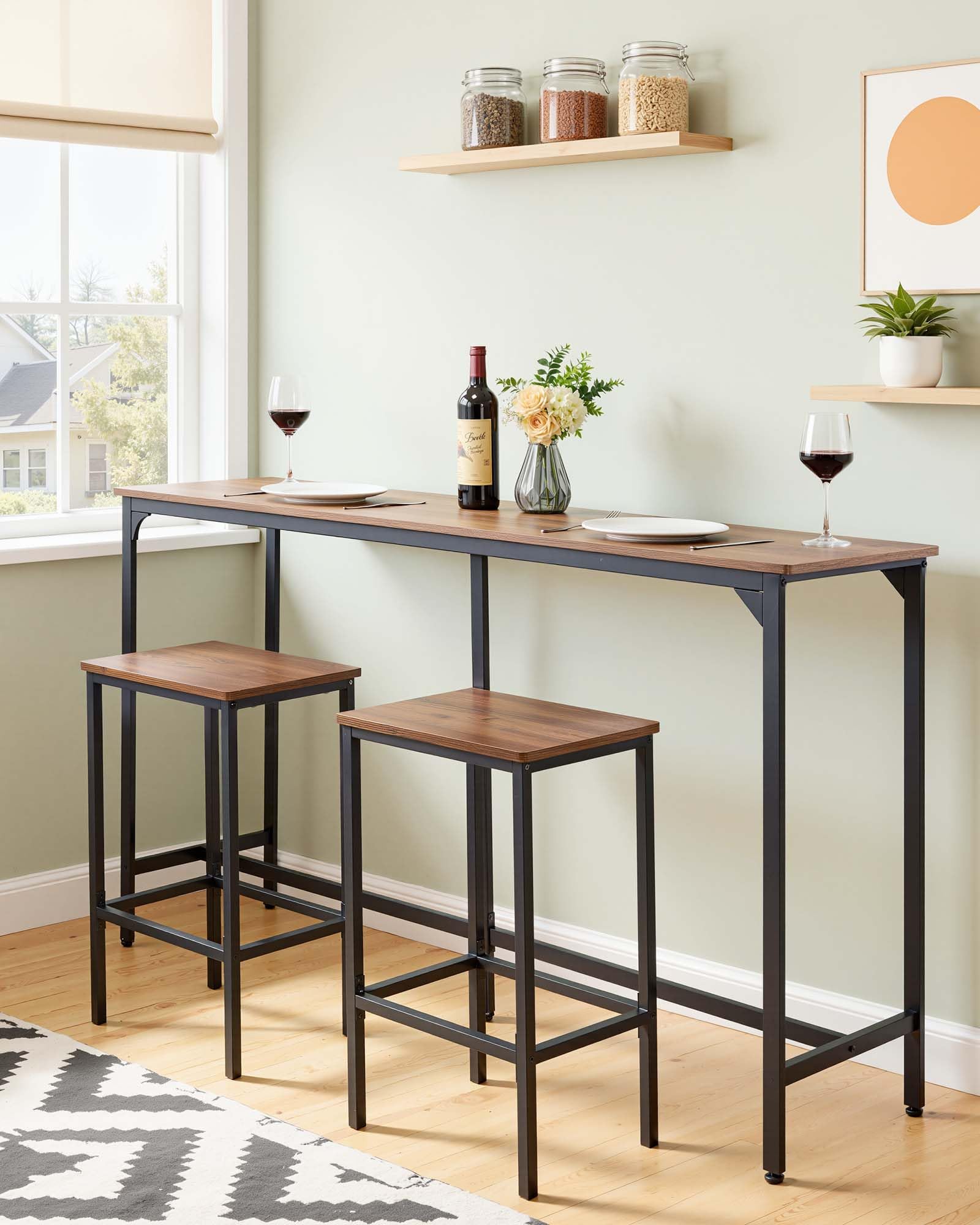VEVOR Table de Bar Rectangulaire 160 cm, Table Haute de Cuisine, Meuble pour Balcon Salon Salle à Manger Bureau Coin Repas Bistro, Mange-debout Allongé, Plateau en Panneaux de Particules, Marron Clair