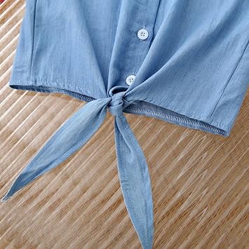 Girls Boho Dress Summer Korean Version of Foreign Trade Children's Clothing Girls Denim Embroidered Lapel Top Princess (Pink, 7-8 Years)