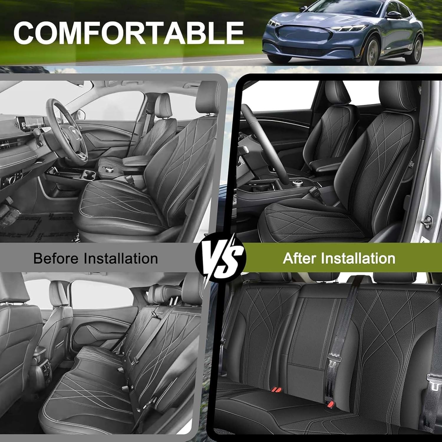 AOMSAZTO Seat Covers for Ford Mustang Mach-E 2021 2022 2023 2024 2025 2026, Custom Fit Full Set Faux Leather Black