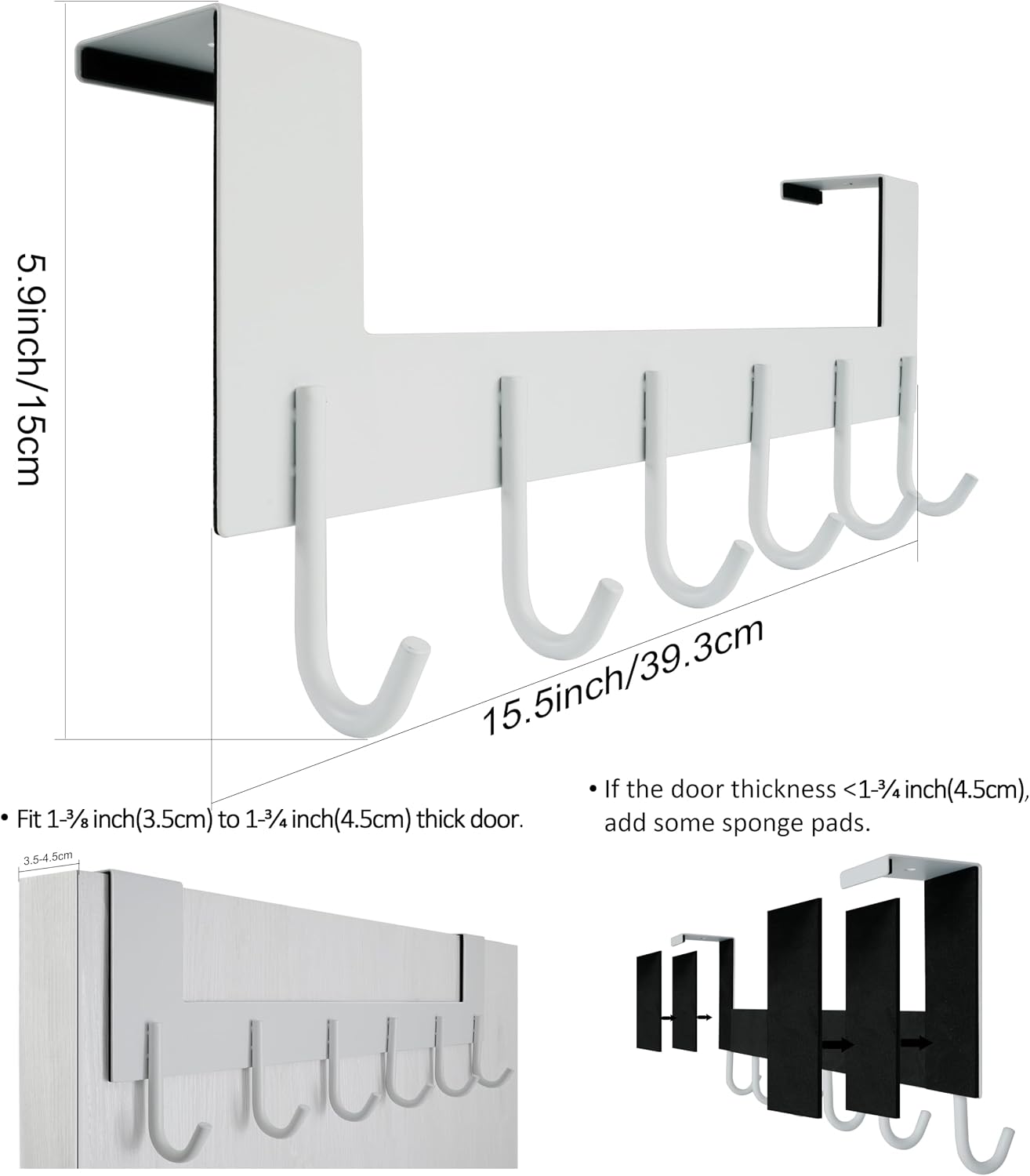 WEBI Over The Door Hook for Hanging Door Hanger:Over The Door Towel Rack,Door Coat Hanger Over The Door Coat Rack for Towels,Clothes,Behind Back of Bathroom,White,2 Packs