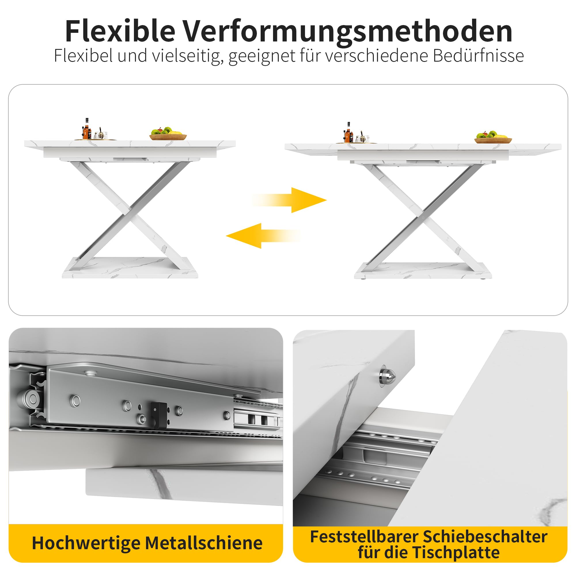 Esstisch Ausziehtisch (118/157×75cm), Küchen-Wohnzimmertisch, Anstecktisch, Ausziehbar auf 118-157cm mit Hilfe von Innenliegender Einlegeplatte, Esstisch mit Kreuzbeinen，Weiß & Silber