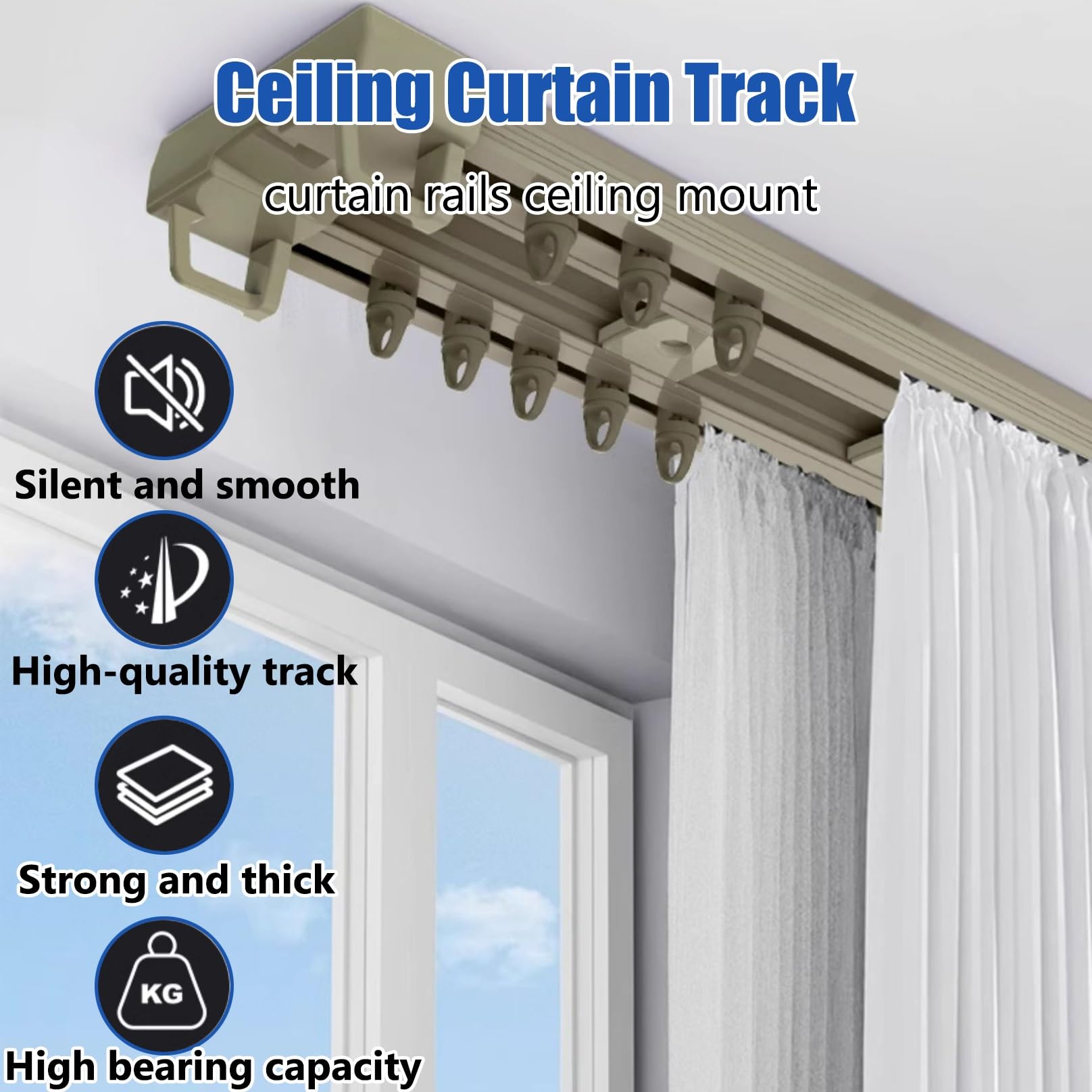 Tringle à rideaux silencieuse à rails à double rangée, rail rideaux plafond pour chambre à coucher, salon, rideaux occultants(Wit,2.2m(7.2ft))