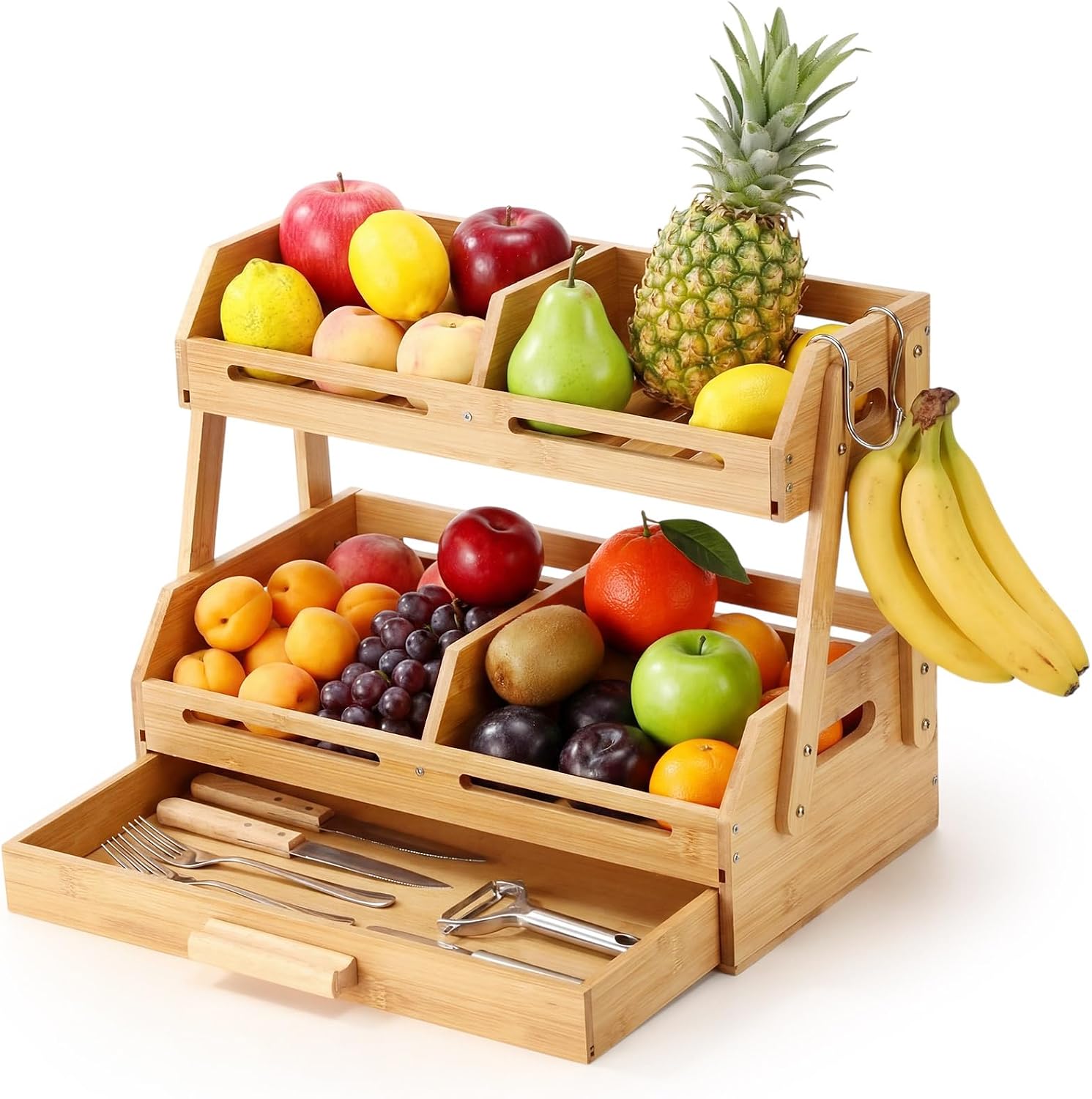 2 Tier Bamboo Fruit Basket with Drawer Wooden Fruit Bowl for Kitchen Counter Produce Storage Organizer for Vegetables Bread Snacks Home Countertop Food Holder