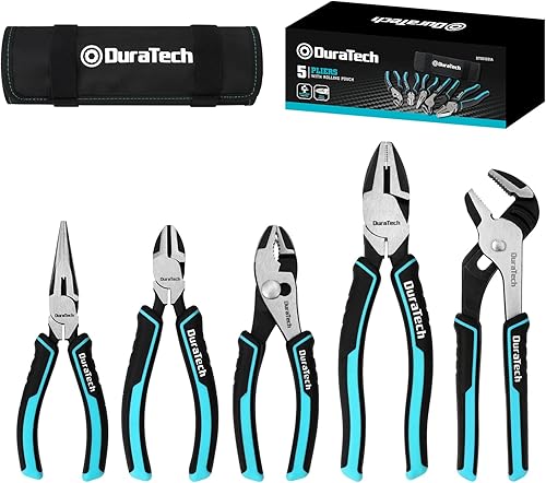 DURATECH Juego de alicates Cr-Ni de 5 piezas, nariz larga de 6 pulgadas, junta deslizante, corte diagonal, línea de 8 pulgadas, alicates para juntas