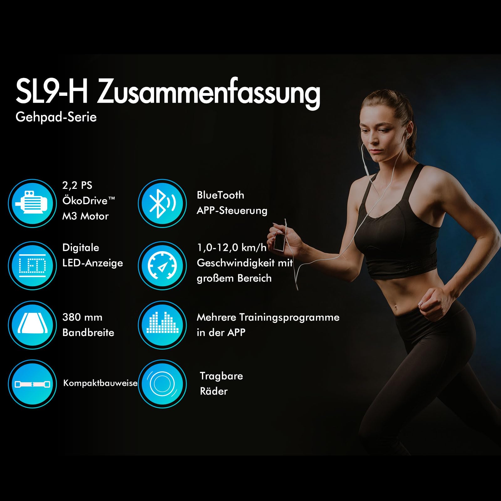 BLACK LORD Laufband, Walking pad 9/12/16 km/h, Laufmattemit/ohne 9% Steigung, unter dem Schreibtisch,tragbar, leise, LED-Display, App, 120/130/140 kg Belastbarkeit, Zuhause und Büro, 2,2/3,0/3,2 PS