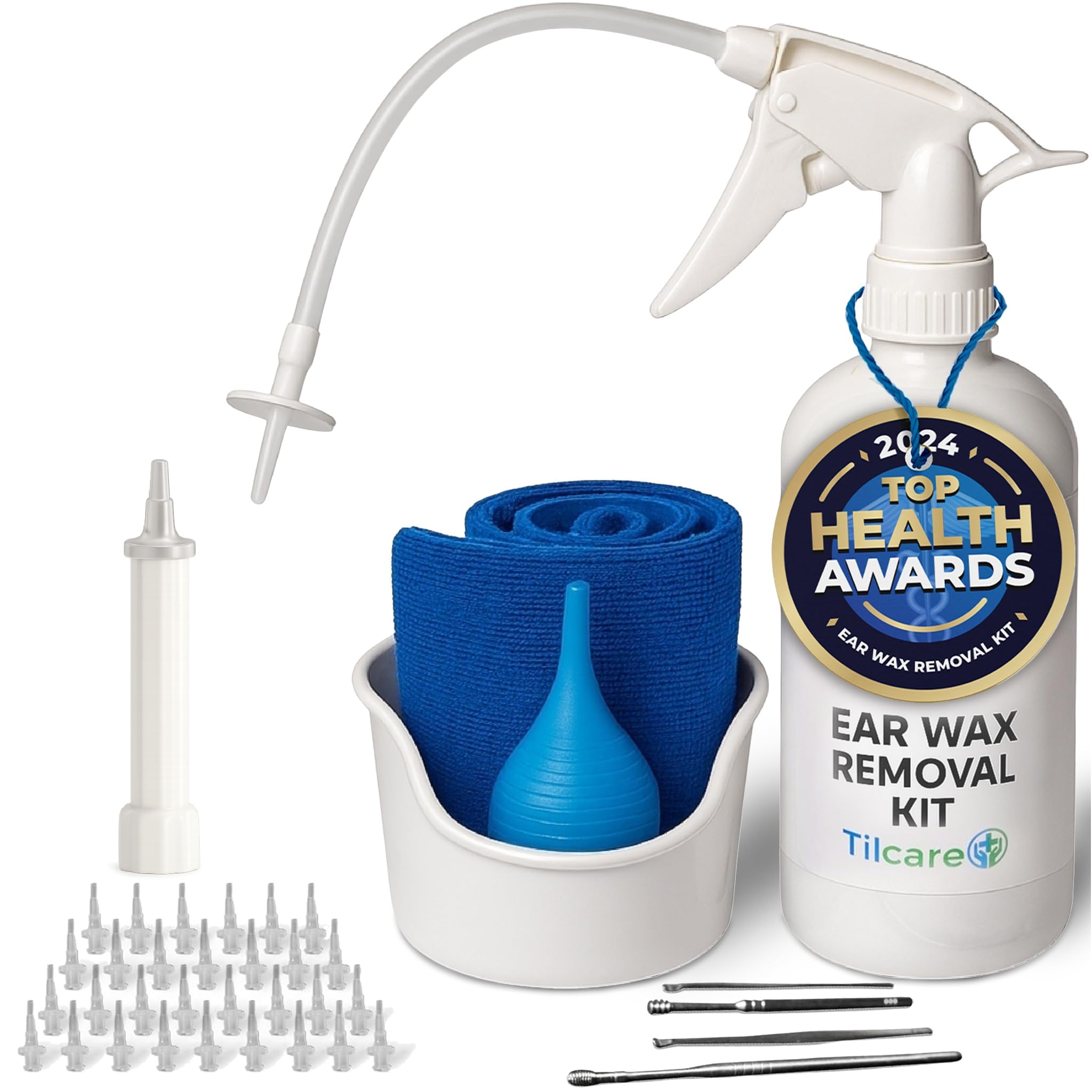 Ear Wax Removal Tool by Tilcare - Ear Irrigation Flushing System for Adults & Kids - Perfect Ear Cleaning Kit - Includes Basin, Syringe, Curette Kit, Towel and 30 Disposable Tips
