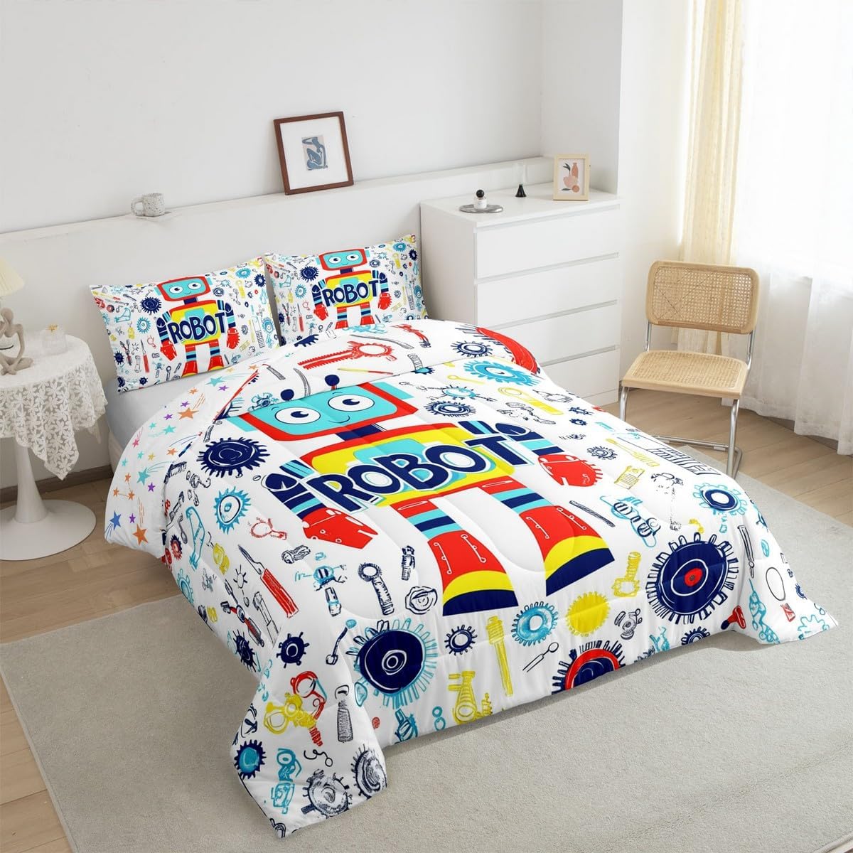 Erosebridal Boys Cartoon Robot Bedding Set Colorful Robot Pattern Twin Comforter Set for Kids Teens Outer Space Down Comforter Kawaii Decor Bedding Comforter Sets for Room