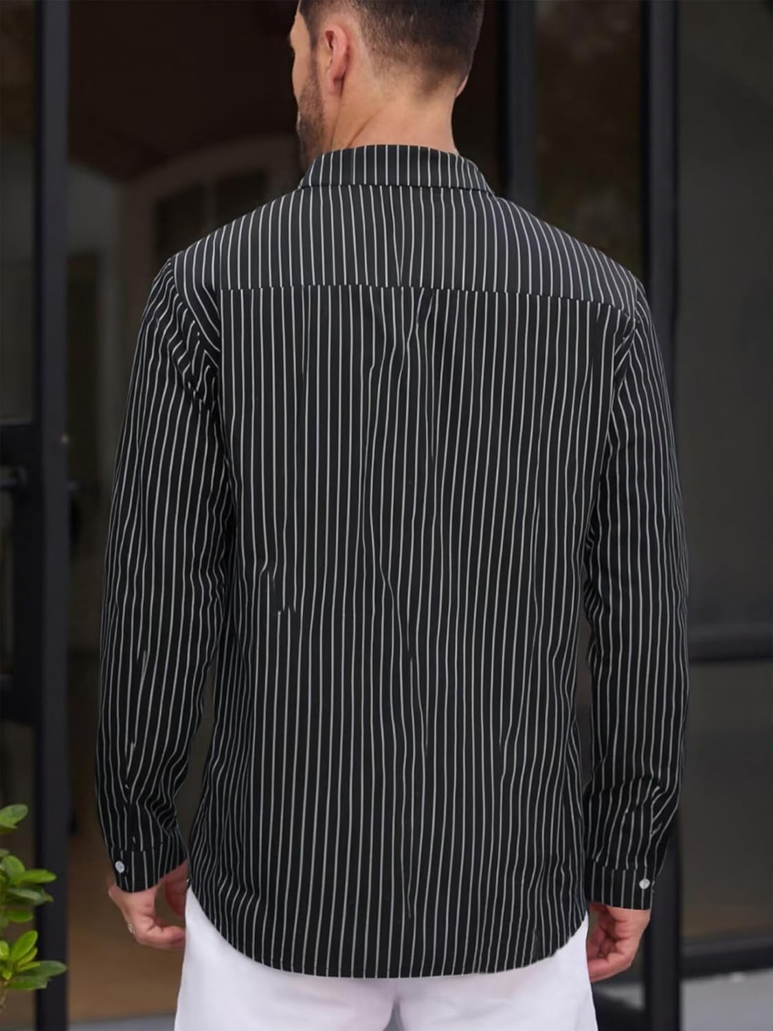 BAYAMO Men's Button-Down Henley Shirts Long Sleeve Cotton Linen Striped Shirts for Men Casual Fashion Business Shirt with Pocket (Black L) - Image 3