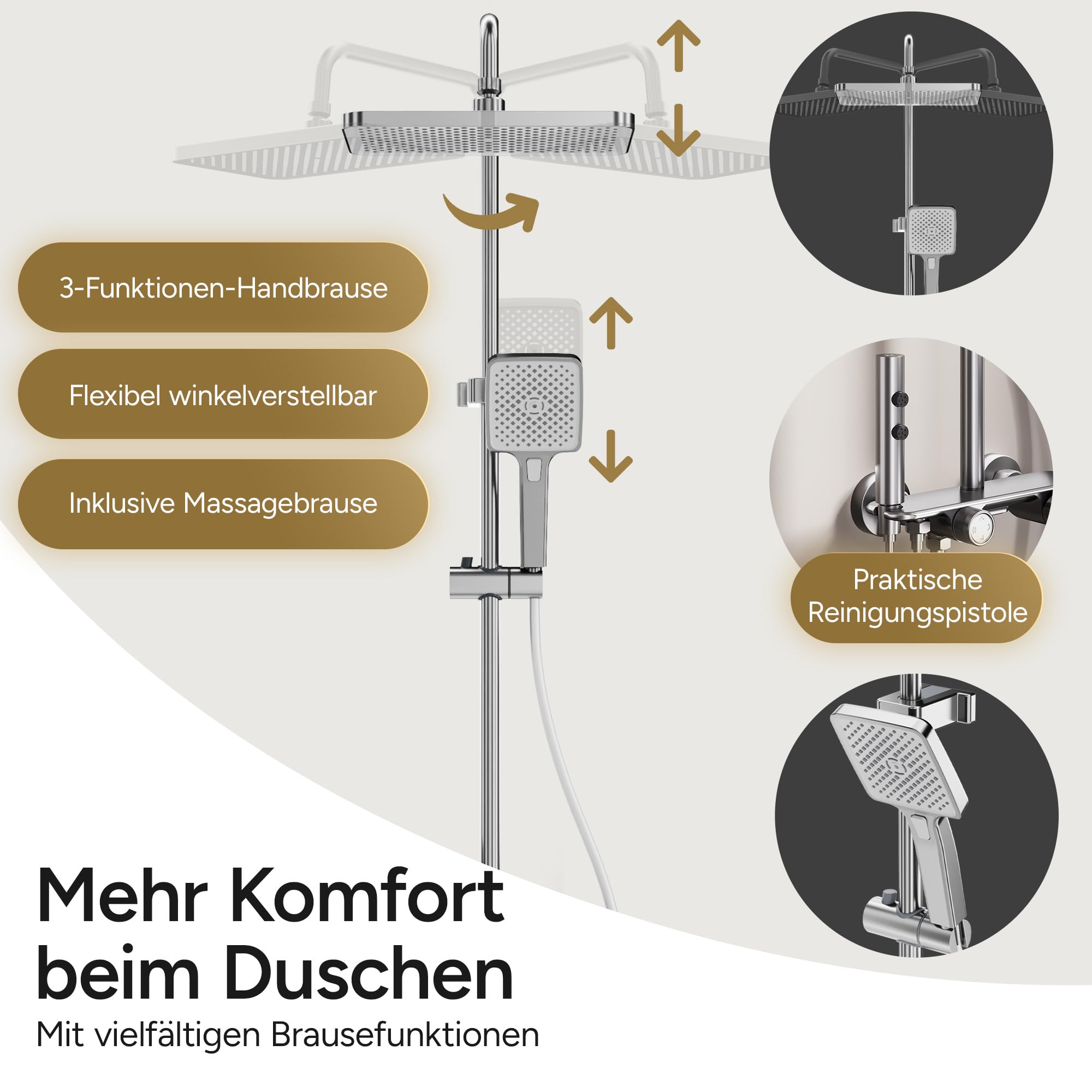 AquaNoble Aufputz Duschsystem mit Thermostat & Ablage – Duscharmatur Komplettset mit Regendusche, 3-Funktionen Handbrause, Wanneneinlauf/Wasserfall & Reinigungspistole, EasyClean Anti-Kalk, chrom