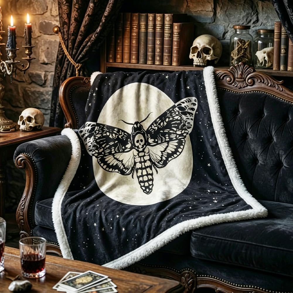 MILANKET Skull Moth Sherpa Blanket Soft Fleece Throw Blanket Black Moth Skull Moon Galaxy Stars Blankets for Kids Teens Boys Men Gothic Halloween Blanket for Bed Sofa Couch Decor 60"x80"