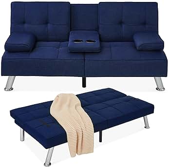 Best Choice Products Linen Modern Folding Futon, Reclining Sofa Bed for Apartment, Dorm w/Removable Armrests, 2 Cupholders - Dark Blue