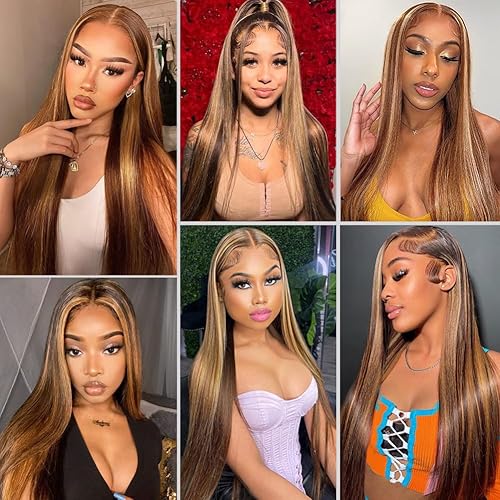 Miniatura 6 de LDJOY Pelucas de cabello humano rubio miel con encaje frontal, pelucas de cabello humano lacio degradado con encaje frontal HD de 13 x 4 para