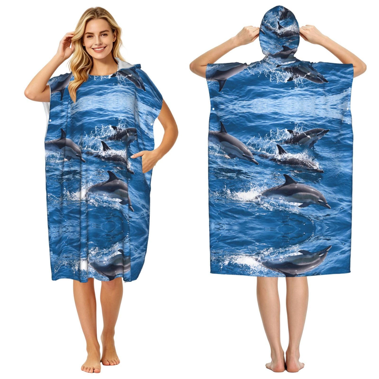 EZDLOWVBA Dolphins In The Sea Print Hooded Poncho Microfiber Beach Towel,Adult Women & Men Changing Robe,Lightweight Summer Surf Swim Bath Poncho Towel