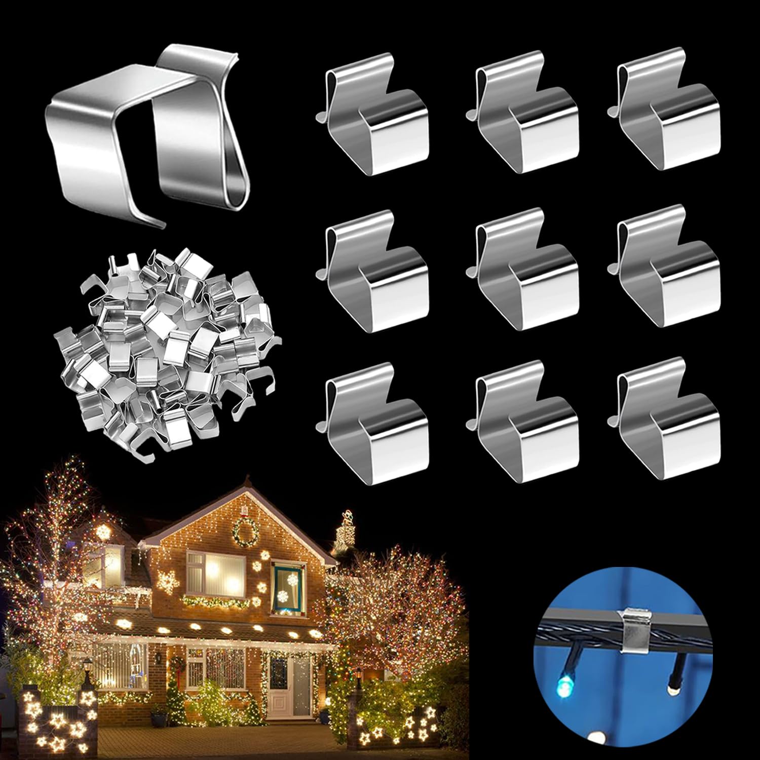 RHQFDM 60 Pieces 304 Stainless Steel Gutter Hooks,Weatherproof Christmas Light Clips Set,Fairy Light Hooks Outside,Damage-Free Fairy Light Clips For Party and Festive Decorations