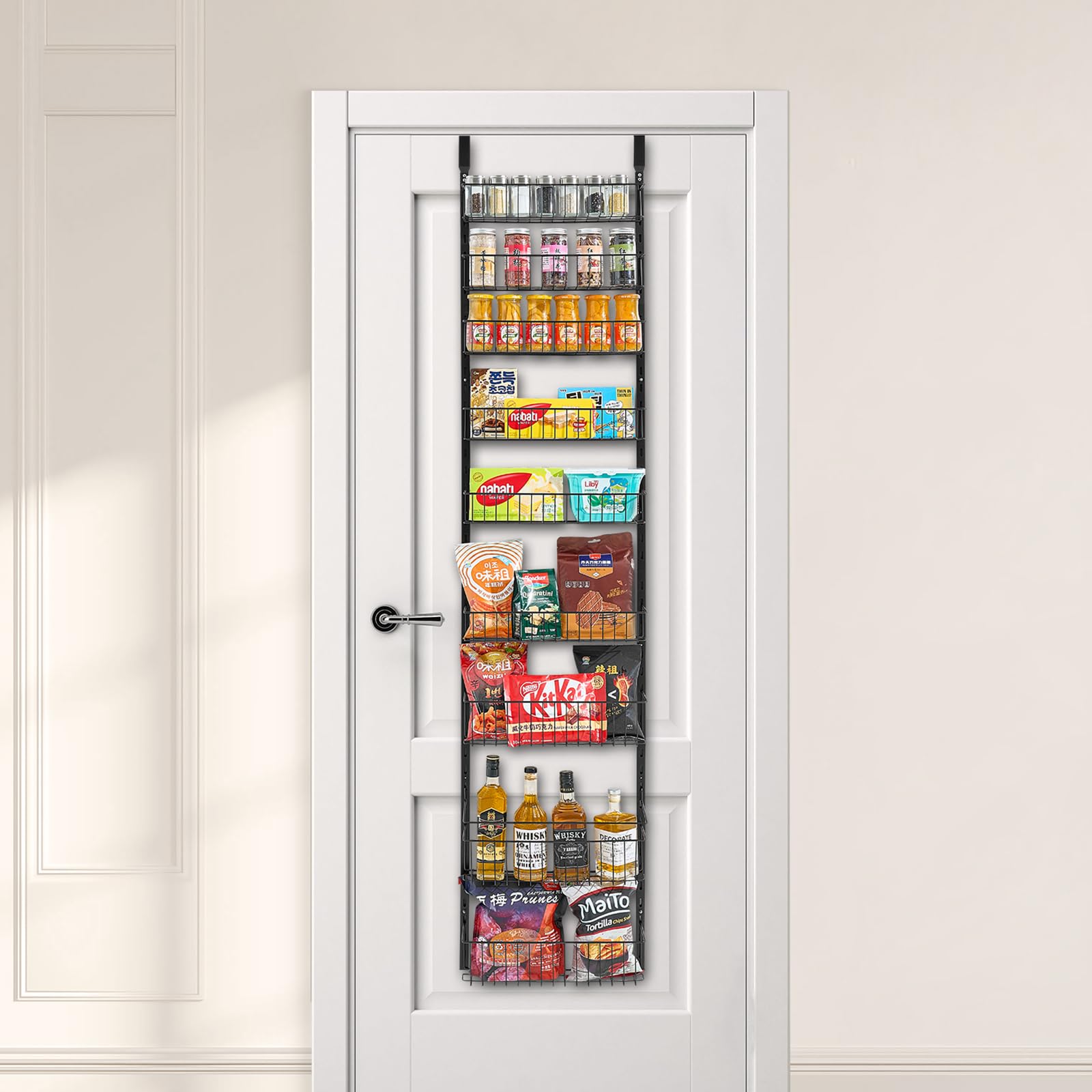 VEVOR Organizzatore per Dispensa Sopra Porta, Organizzazione e Stoccaggio della Dispensa 9 Ripiani, Porta Spezie Sospeso in Acciaio Resistente, Ripiani Regolabili per Condimenti Parete Nero
