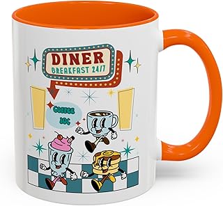 Diner Mug, Breakfast 24/7, Coffee Cup, Bacon Fan, Pancakes, 50s Style, Nostalgic Era, Breakfast Fan Gift, Retro, Cool Tea Cup