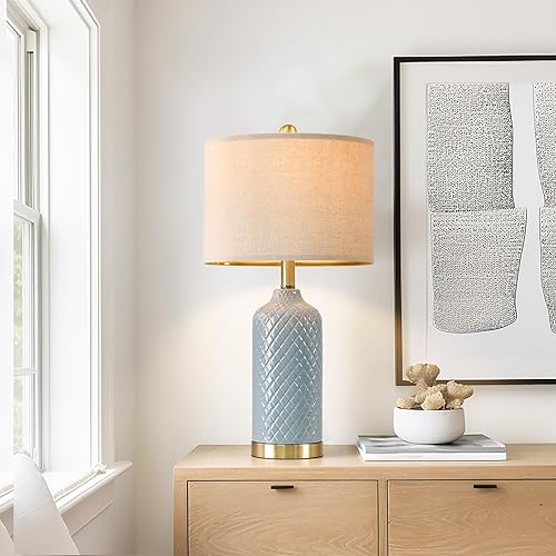 Miniatura 7 de Juego de 2 lámparas de mesa modernas de cerámica azul de 24.25 pulgadas para sala de estar, granja, mesita de noche, dormitorio costero, mesas