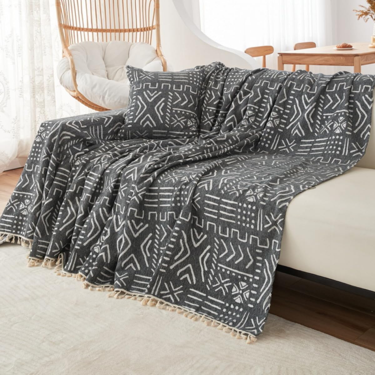 Fundas De Sofá Toalla De Sofá Chenille Sofá Cubre Paño Anti Arañazos De Gato Manta Protectora De Sofá Antideslizante con Borlas Sofá, Cama Y Settee Universal Manta Sofá-Black||180 * 360cm