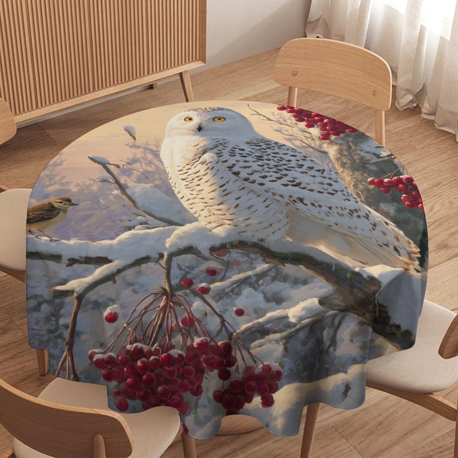 LUYYSKY Rustic Watercolor Winter Owl Waterproof Round Tablecloth Colorful Classic Snowy Forest Landscape Animal Owl Washable Table Cover for Kitchen-91.4" Wx91.4 L cm