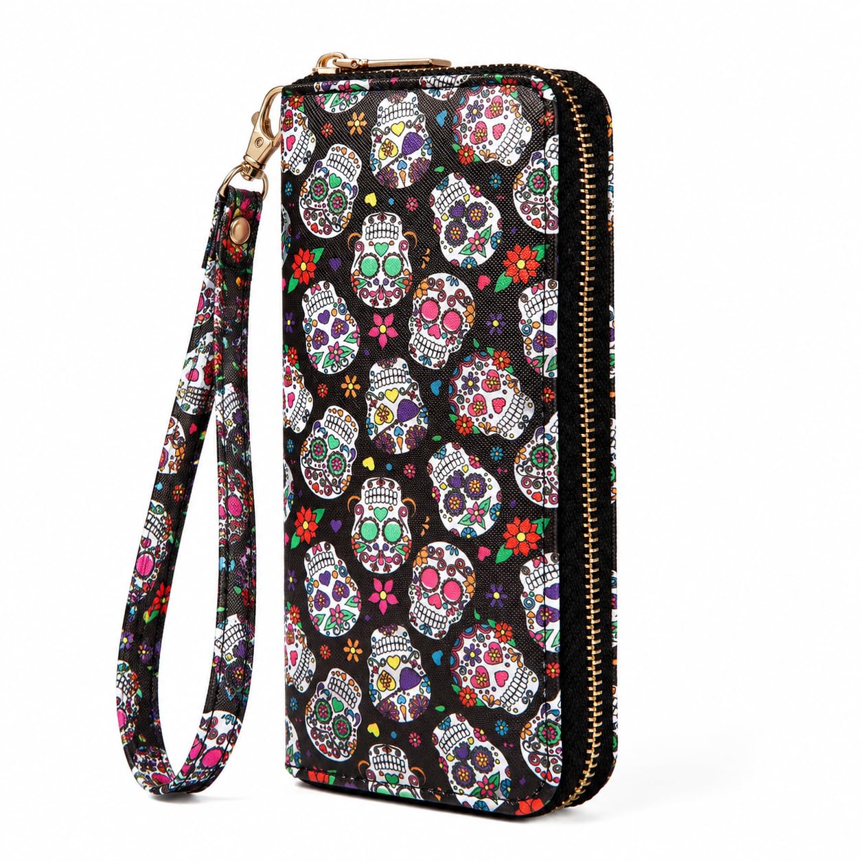 Sugar Skull Wallet for Women, Cute Long Zip Around Wristlet Purse
