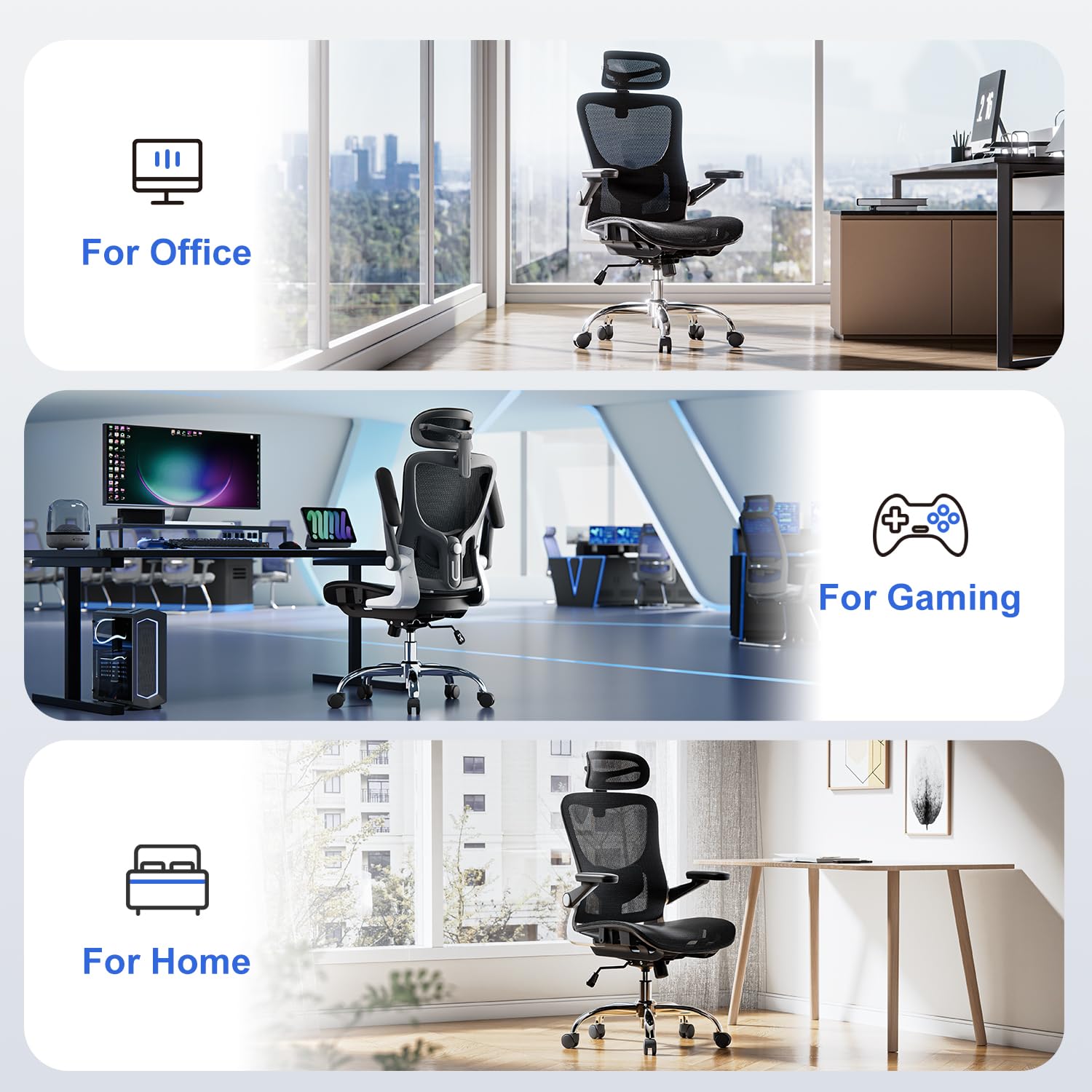 Ergonomic Office Chair，Mesh Seat Cushion with 3D Armrests and 3D Headrest, Adjustable Lumbar Support with Rocking Function, SGS Class 4 Gas Clylinder，Black