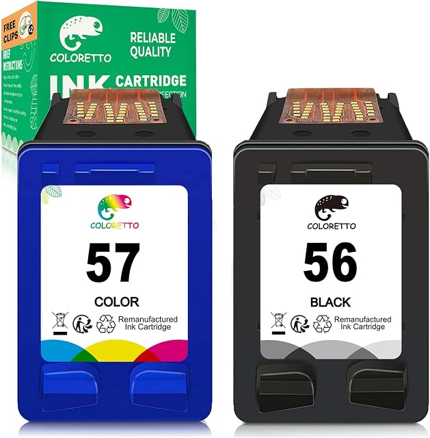 COLORETTO 56 57 Remanufactured Ink Cartridge Replacement for HP 56XL 57XL HP OfficeJet 4212 4215, Photosmart 7450 7762 7960, PSC 1210 1215 1216 1315, DeskJet 450ci 5150 5550, Black and Colour 2 pack